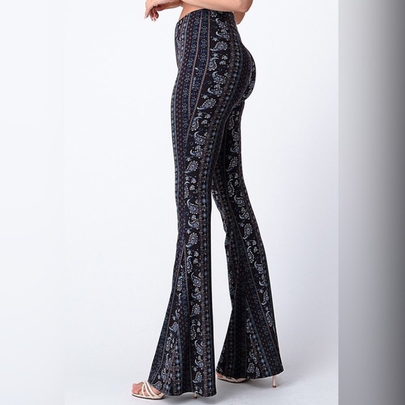 Tik Tok Famous Black Blue Tribal Print Bell Bottom Flare Stretch Pants - Picture 10 of 14